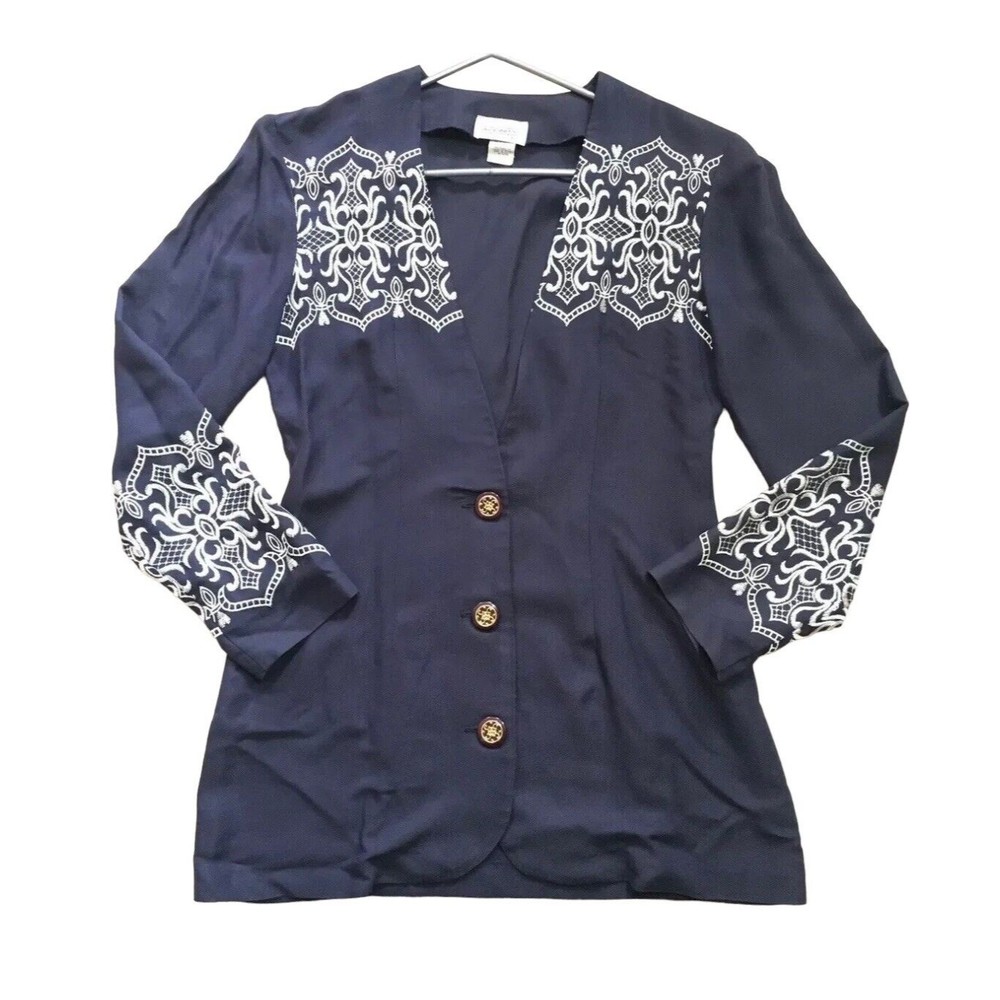 Vintage Womens Embroidered Button Blazer Navy Ivory S/M Small Affinity By Margos